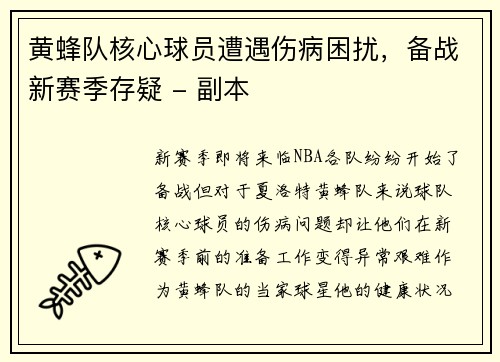 黄蜂队核心球员遭遇伤病困扰，备战新赛季存疑 - 副本