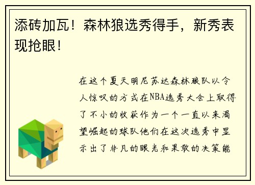 添砖加瓦！森林狼选秀得手，新秀表现抢眼！
