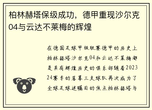 柏林赫塔保级成功，德甲重现沙尔克04与云达不莱梅的辉煌