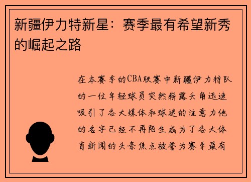 新疆伊力特新星：赛季最有希望新秀的崛起之路
