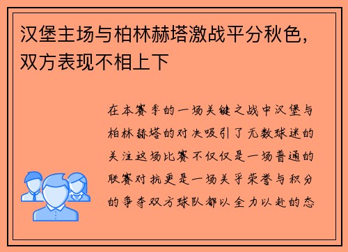 汉堡主场与柏林赫塔激战平分秋色，双方表现不相上下