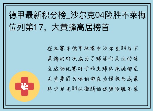 德甲最新积分榜_沙尔克04险胜不莱梅位列第17，大黄蜂高居榜首