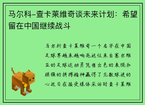 马尔科-查卡莱维奇谈未来计划：希望留在中国继续战斗