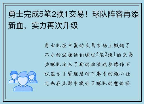 勇士完成5笔2换1交易！球队阵容再添新血，实力再次升级