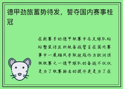 德甲劲旅蓄势待发，誓夺国内赛事桂冠
