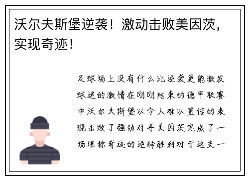 沃尔夫斯堡逆袭！激动击败美因茨，实现奇迹！