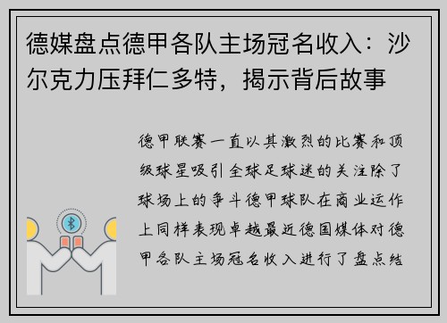 德媒盘点德甲各队主场冠名收入：沙尔克力压拜仁多特，揭示背后故事