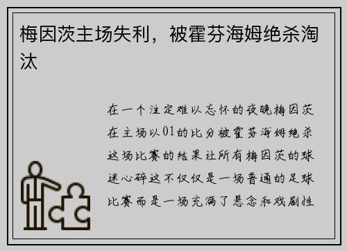 梅因茨主场失利，被霍芬海姆绝杀淘汰
