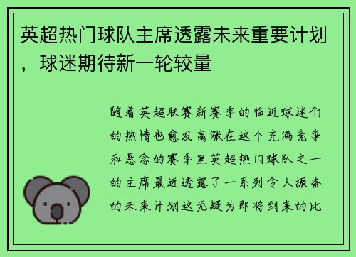 英超热门球队主席透露未来重要计划，球迷期待新一轮较量