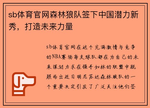 sb体育官网森林狼队签下中国潜力新秀，打造未来力量