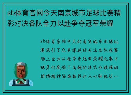 sb体育官网今天南京城市足球比赛精彩对决各队全力以赴争夺冠军荣耀