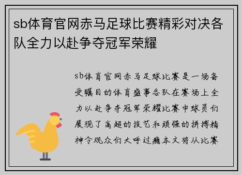 sb体育官网赤马足球比赛精彩对决各队全力以赴争夺冠军荣耀
